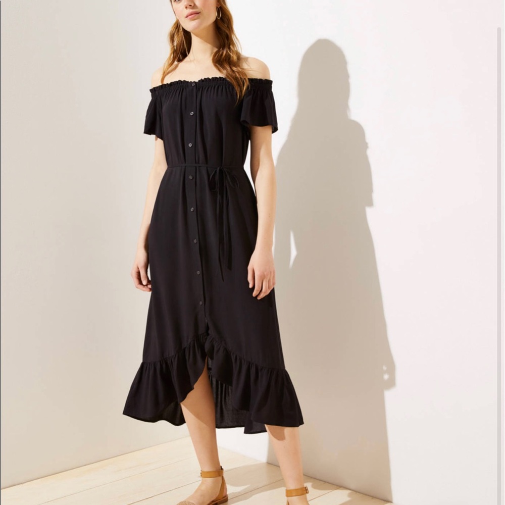 LOFT Petite Off The Shoulder Button Down Midi Dress - Black, PM